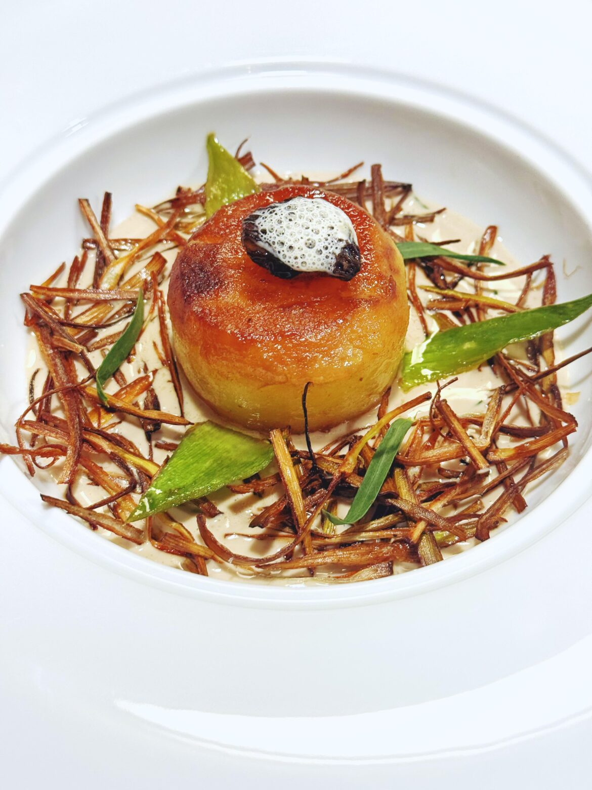 Fondant Potato, Crispy Leek Nest, Morel Cream, Rehydrated Morel, Garlic Foam