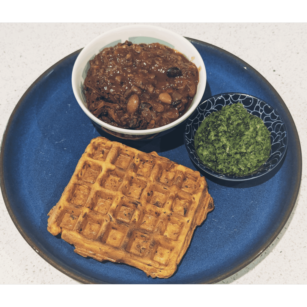 My favorite 10 bean chilli with chickpea waffle and fresh chutney