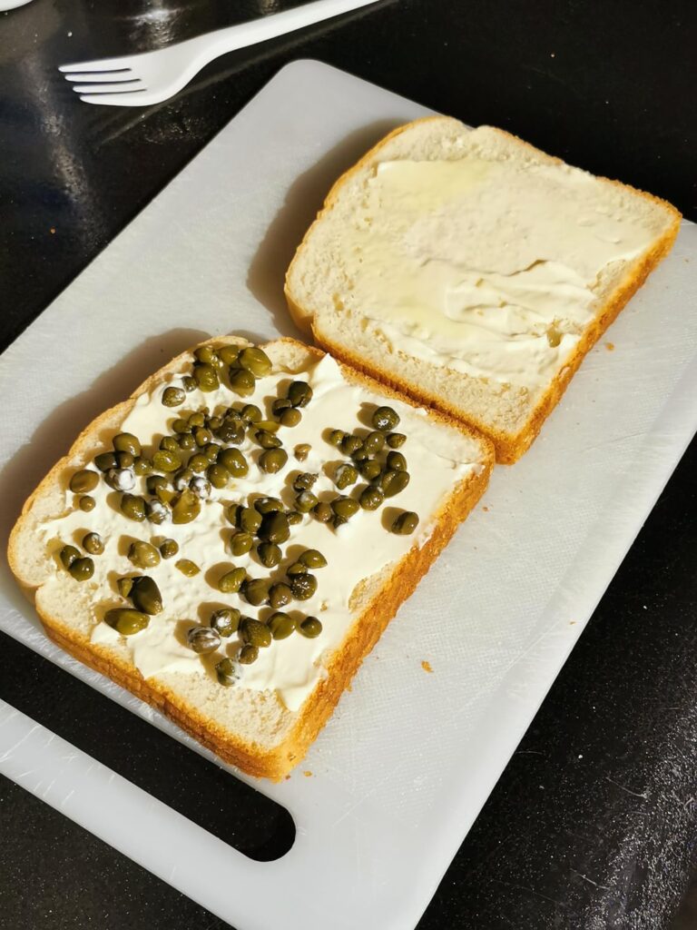 In honour of the dude who did rice pudding and chocolate chips, I present MAYONAISSE and CAPERS.