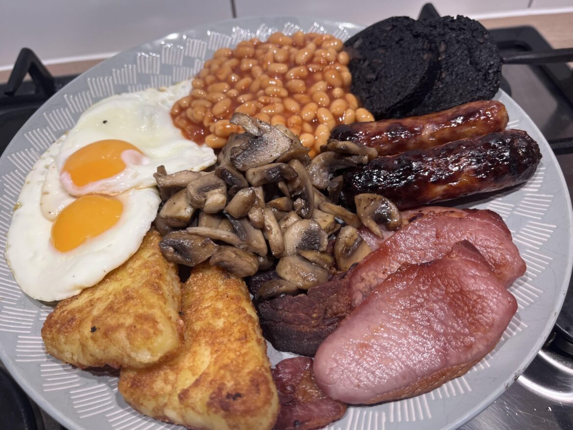 Strong tea and thick white toast out of shot.