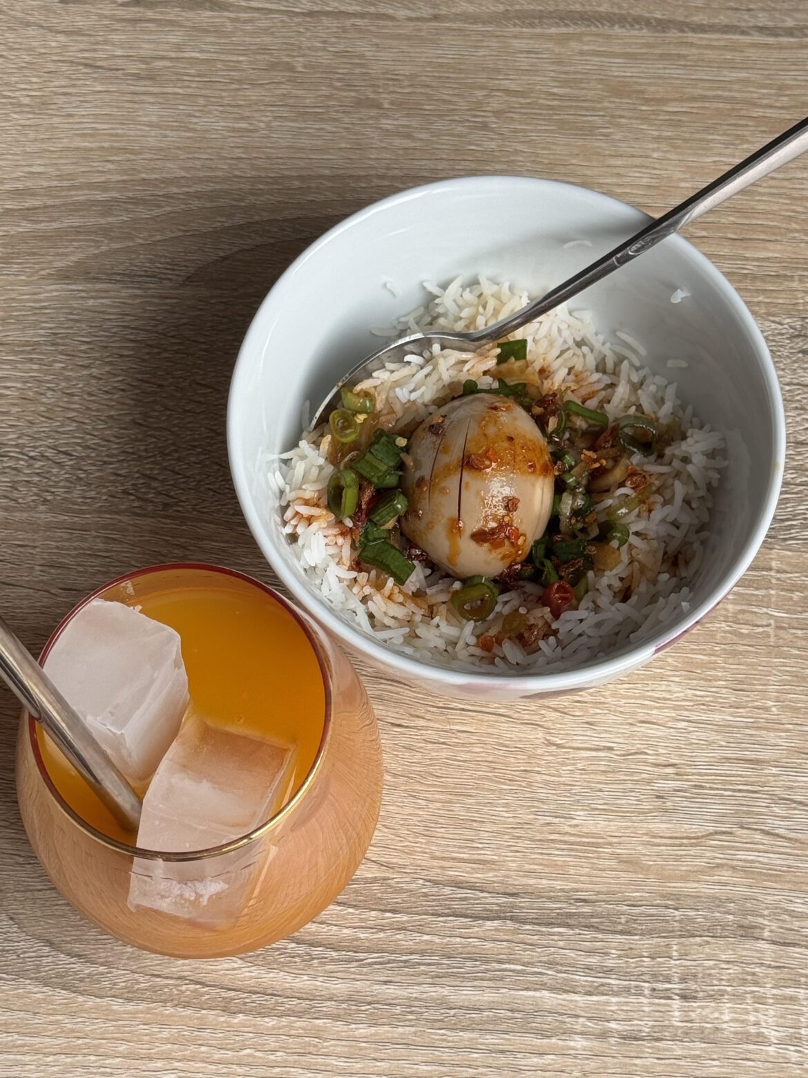 mayak eggs with chilli oil over basmati rice