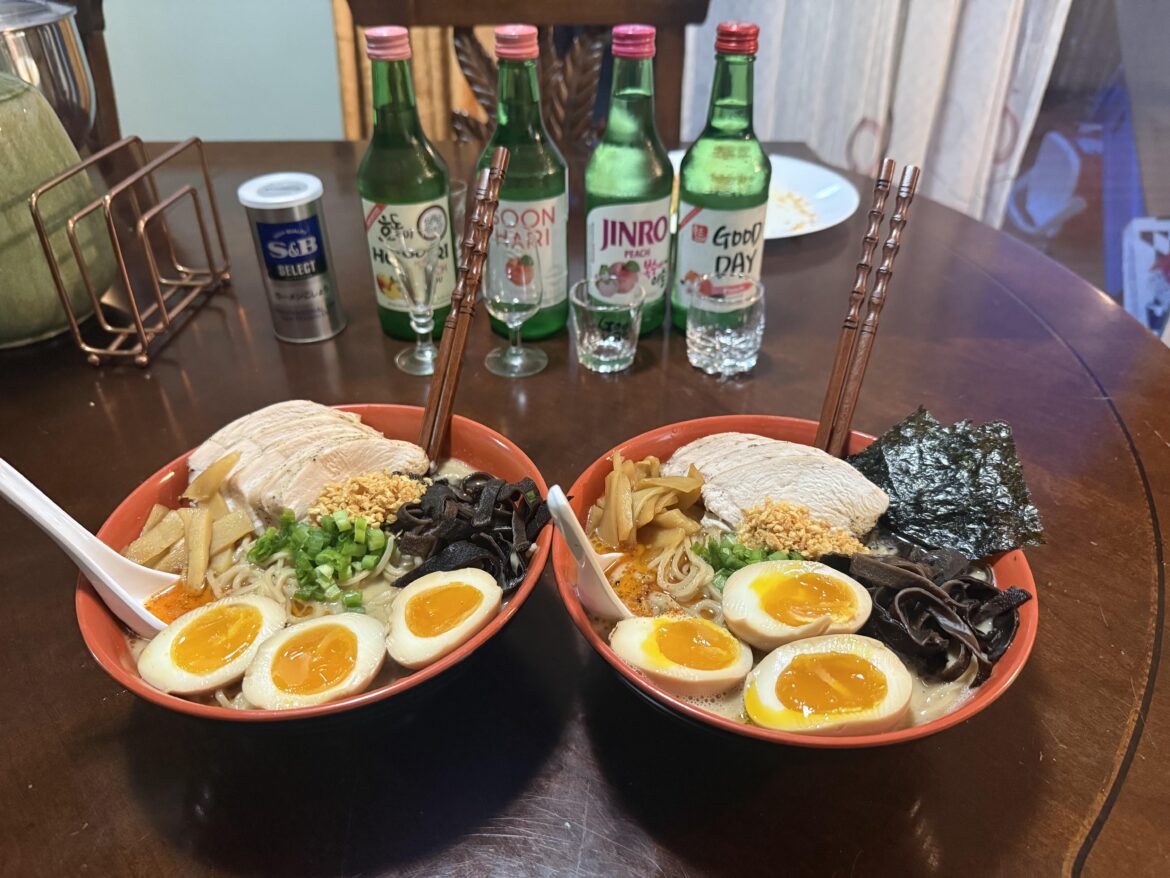 Ramen lords 18 hour Tonkotsu Shoyu ramen with black and red oil.