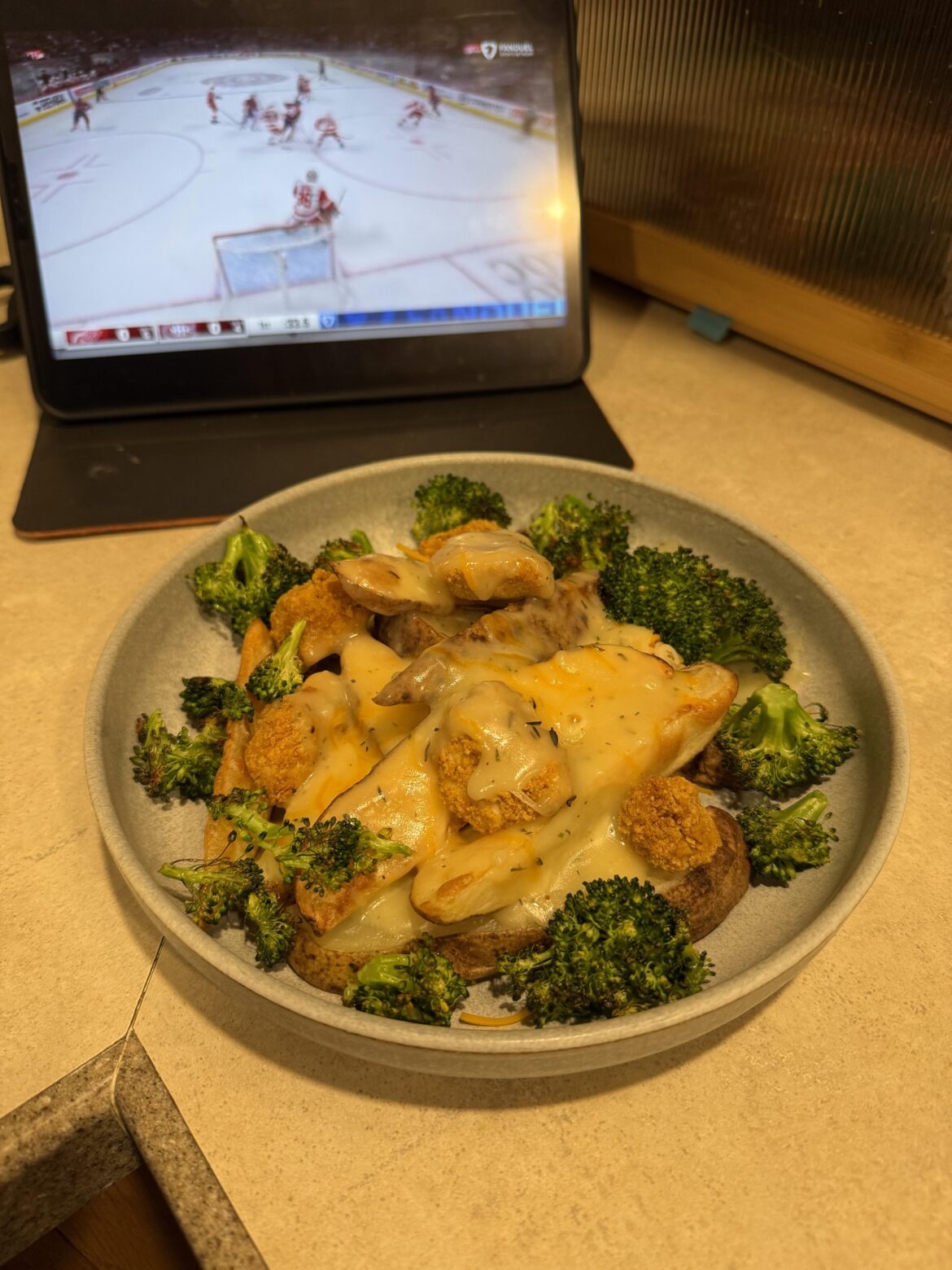 Homemade poutine after bottle of wine