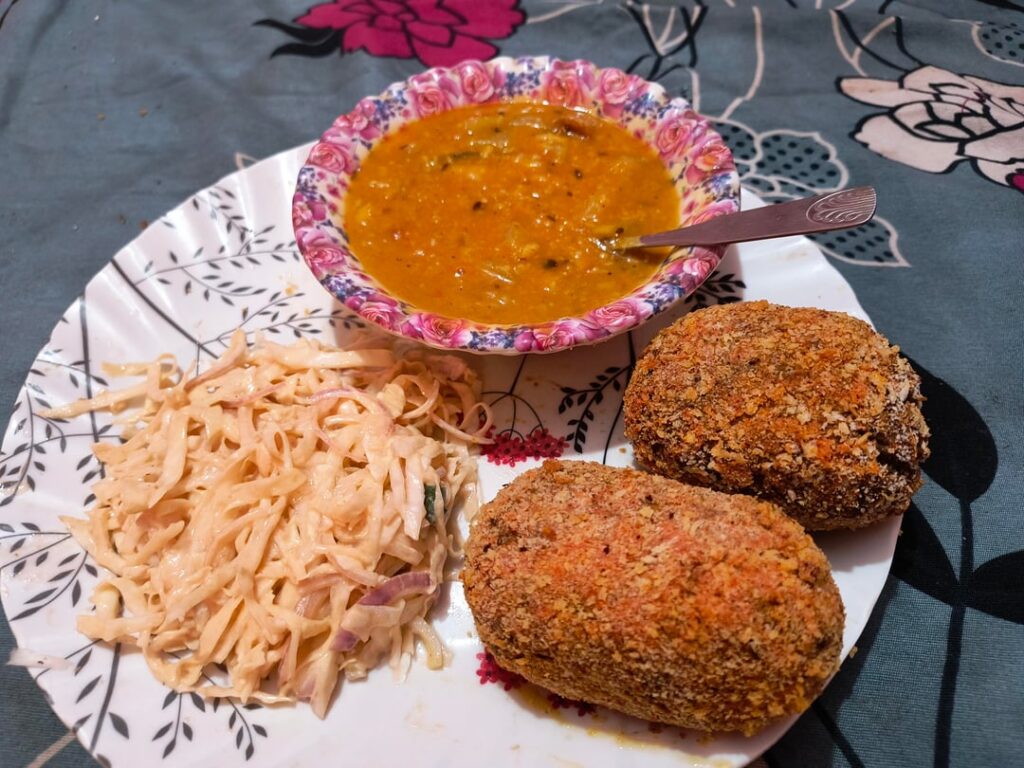Cutlets, Dal and Salad for lunch.