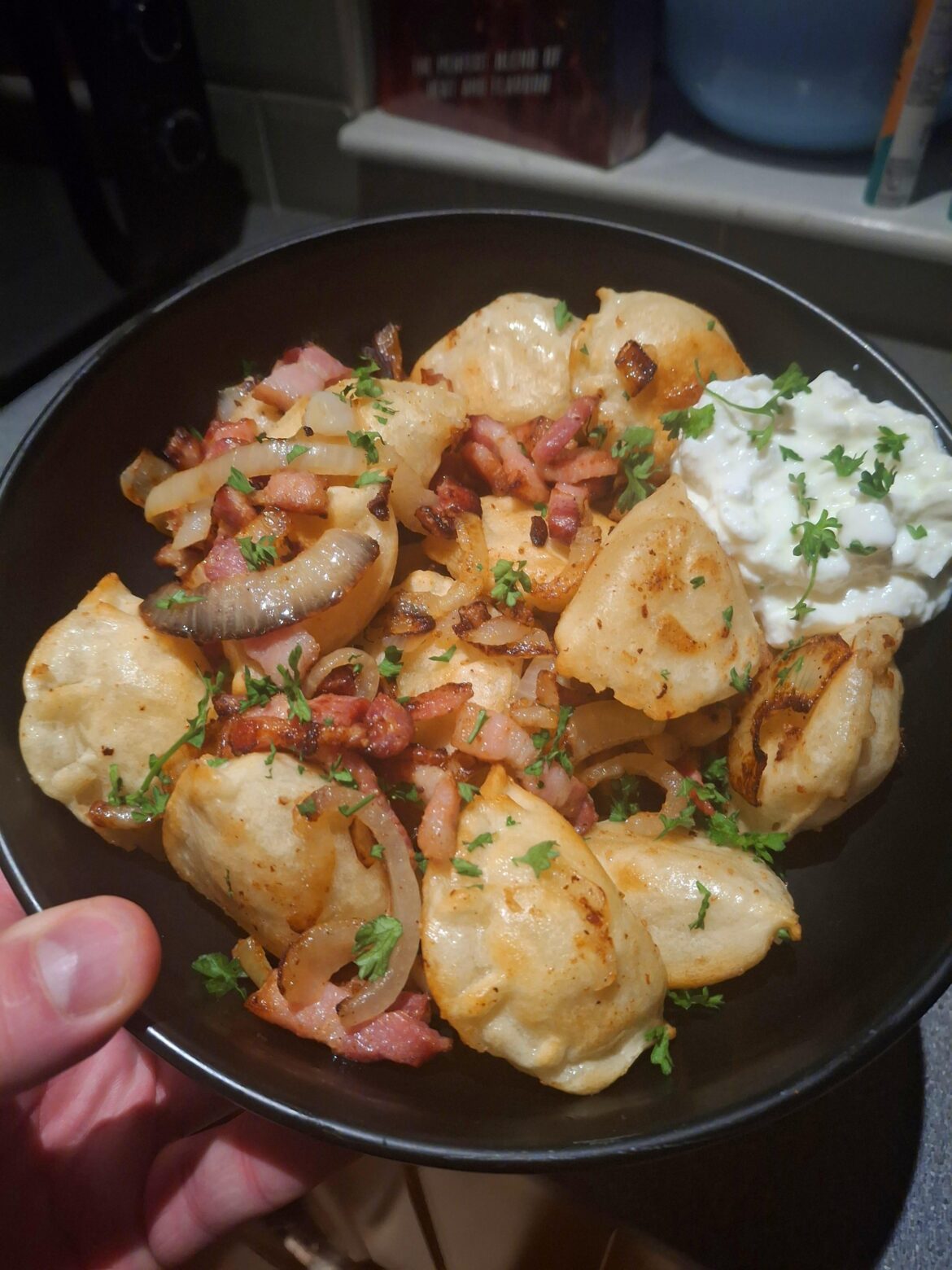 My Sunday tea, pierogis, pan fried woth bacon and onions