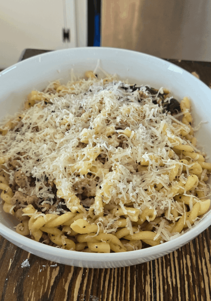 Gemelli with italian sausage, broccoli rabe, and fresh parmesan