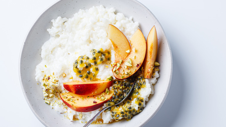 Rice pudding topped with peaches