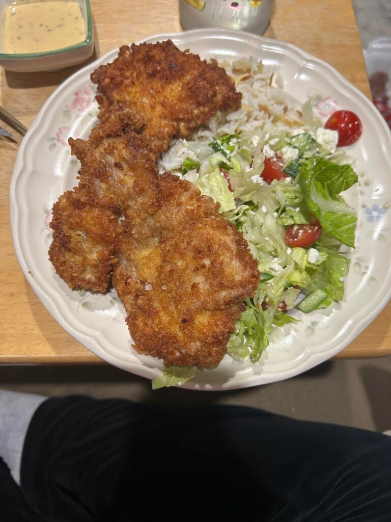 Homemade fried chicken thighs (with parmesan garlic sauce for dipping), rice, and salad