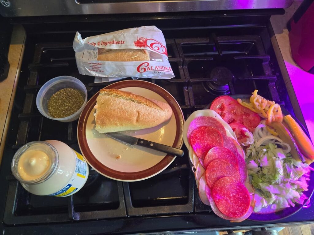 Salami, pepperoni and provolone on bread from local bakery