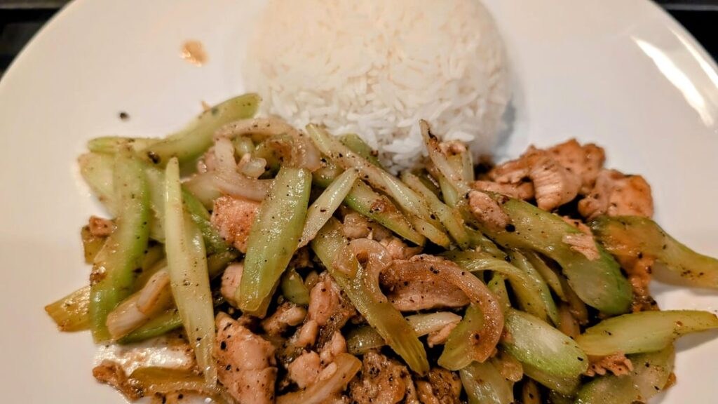 Black Pepper Chicken and Celery with rice ~$2.10/serving