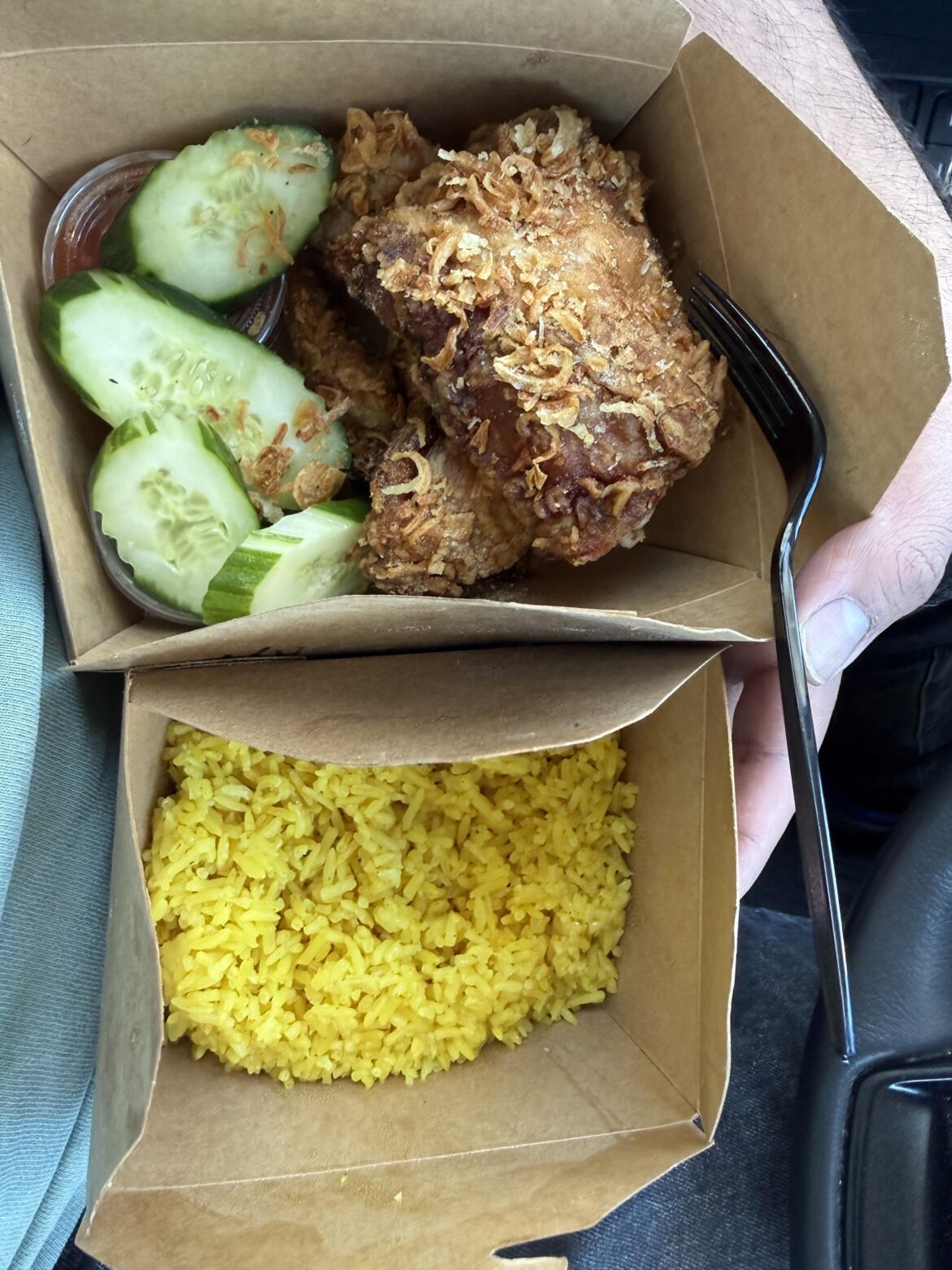 A bunch of chicken and a ton of chicken fat rice, some cucumber, and TWO different sauces for only $15! Mam Mam at Springdale General