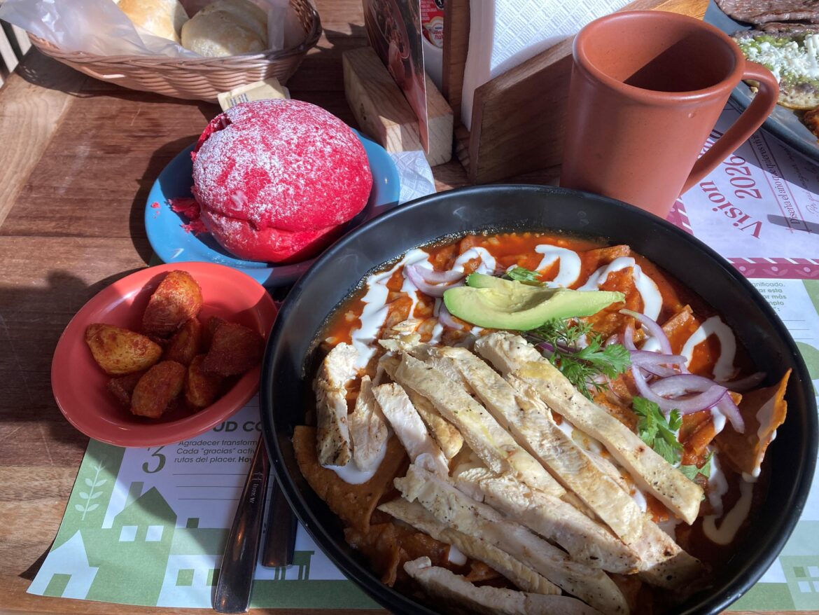 Chilaquiles con pollo, salsa morita