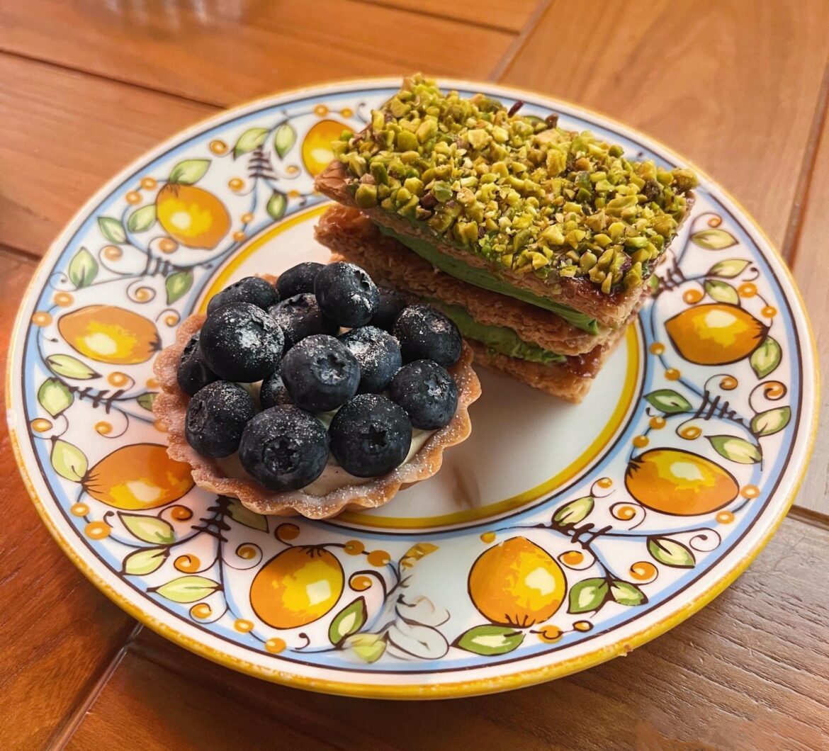 Pistachio Mille-Feuille with Blueberry Tart