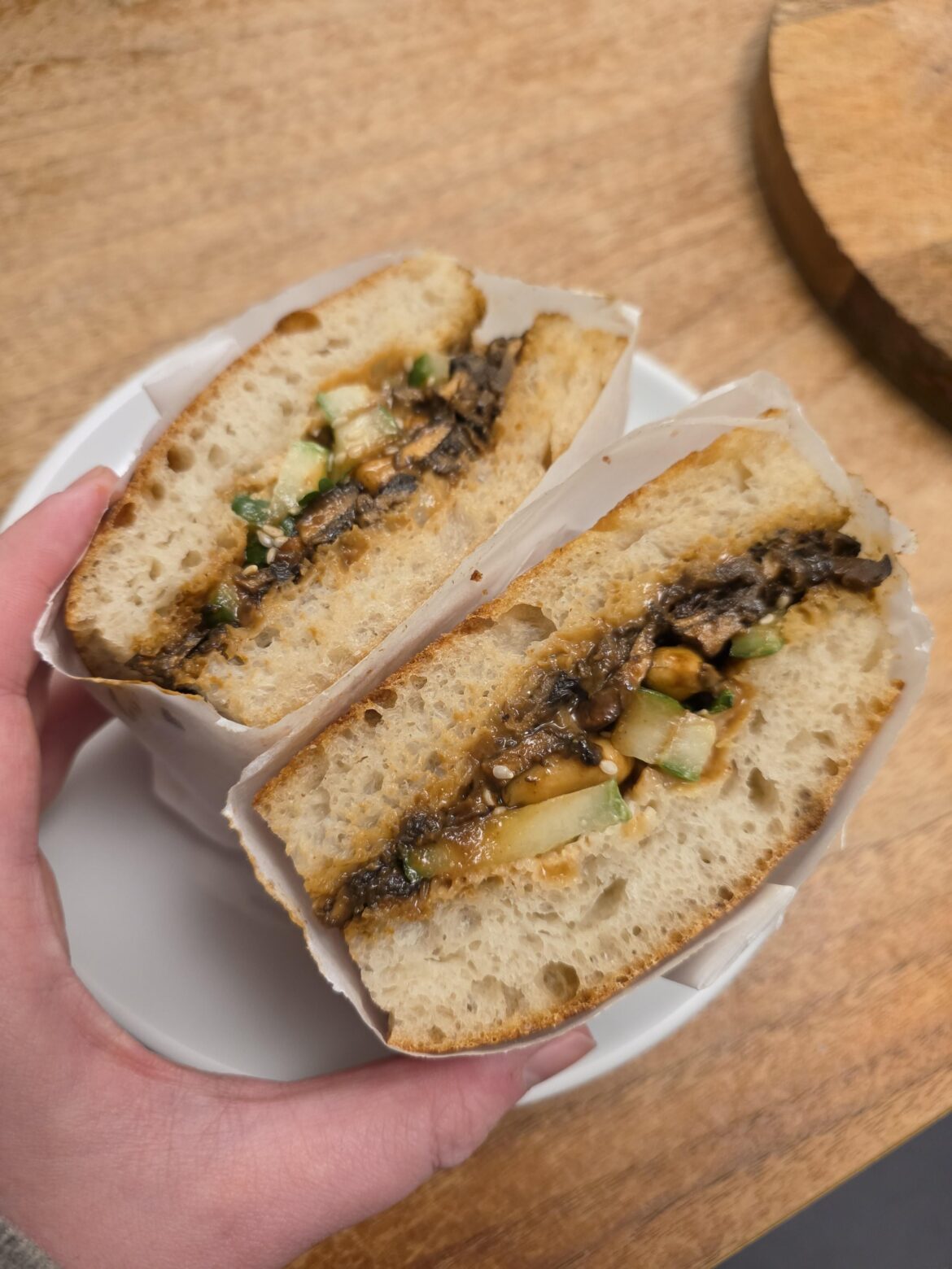 Gochujang mushrooms, cucumber and peanut sauce on focaccia - Wild Grains (London, UK)