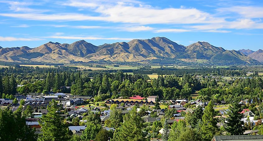 The small town of Hanmer Springs with mountains in the background in New Zealand, South Island, Canterbury.