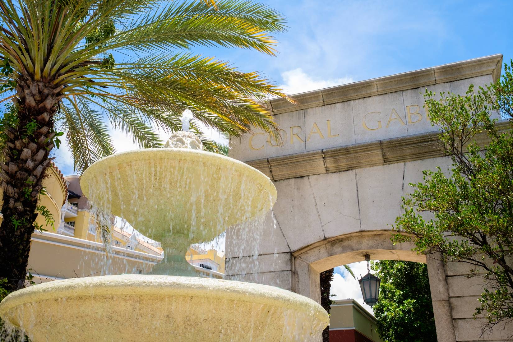 Cityscape view of the street entrance to Miracle Mile in Coral Gables, Florida