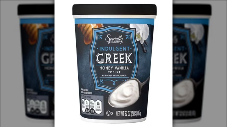 A container of Specially Selected Indulgent Greek Honey Vanilla Yogurt