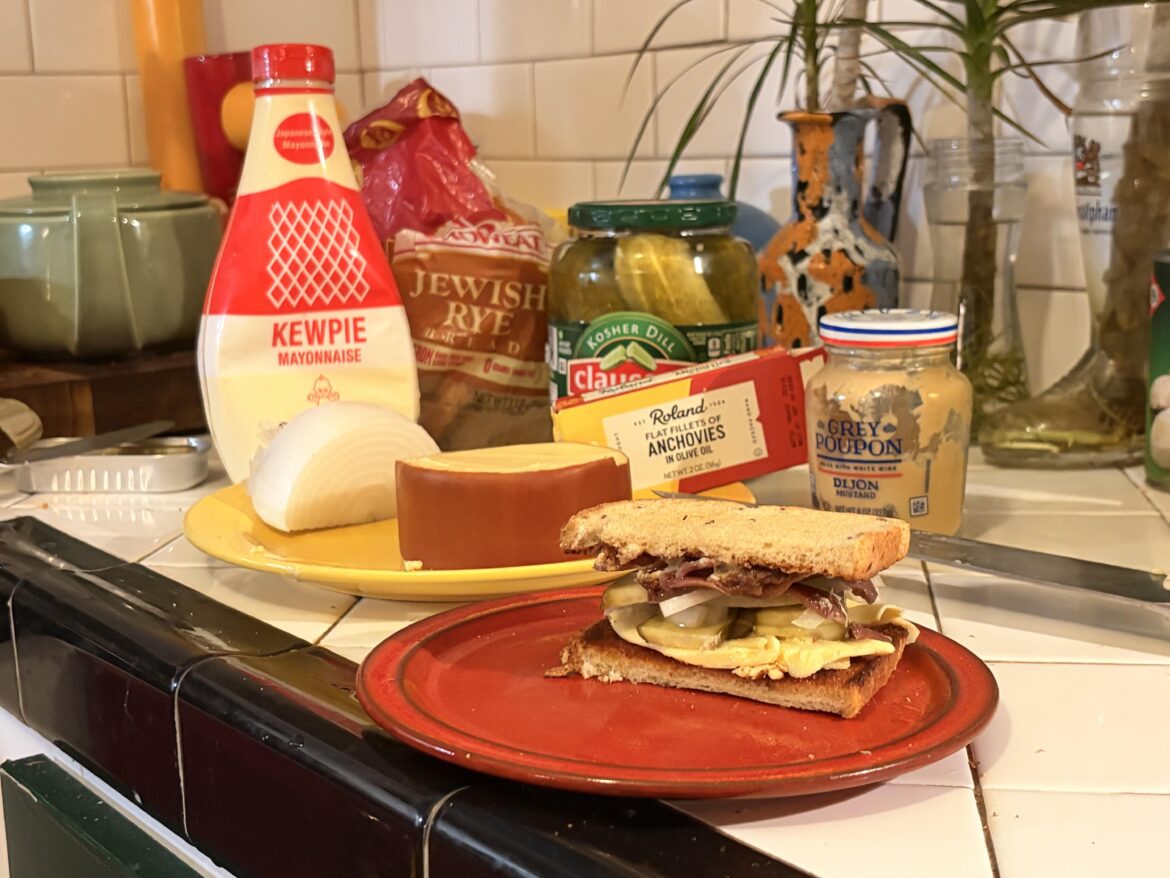 Am I just getting old? Jewish Rye + Anchovies + Smoked Gouda + Raw White Onion + Claussen Kosher Dill Pickle + Kewpie + Grey Poupon.