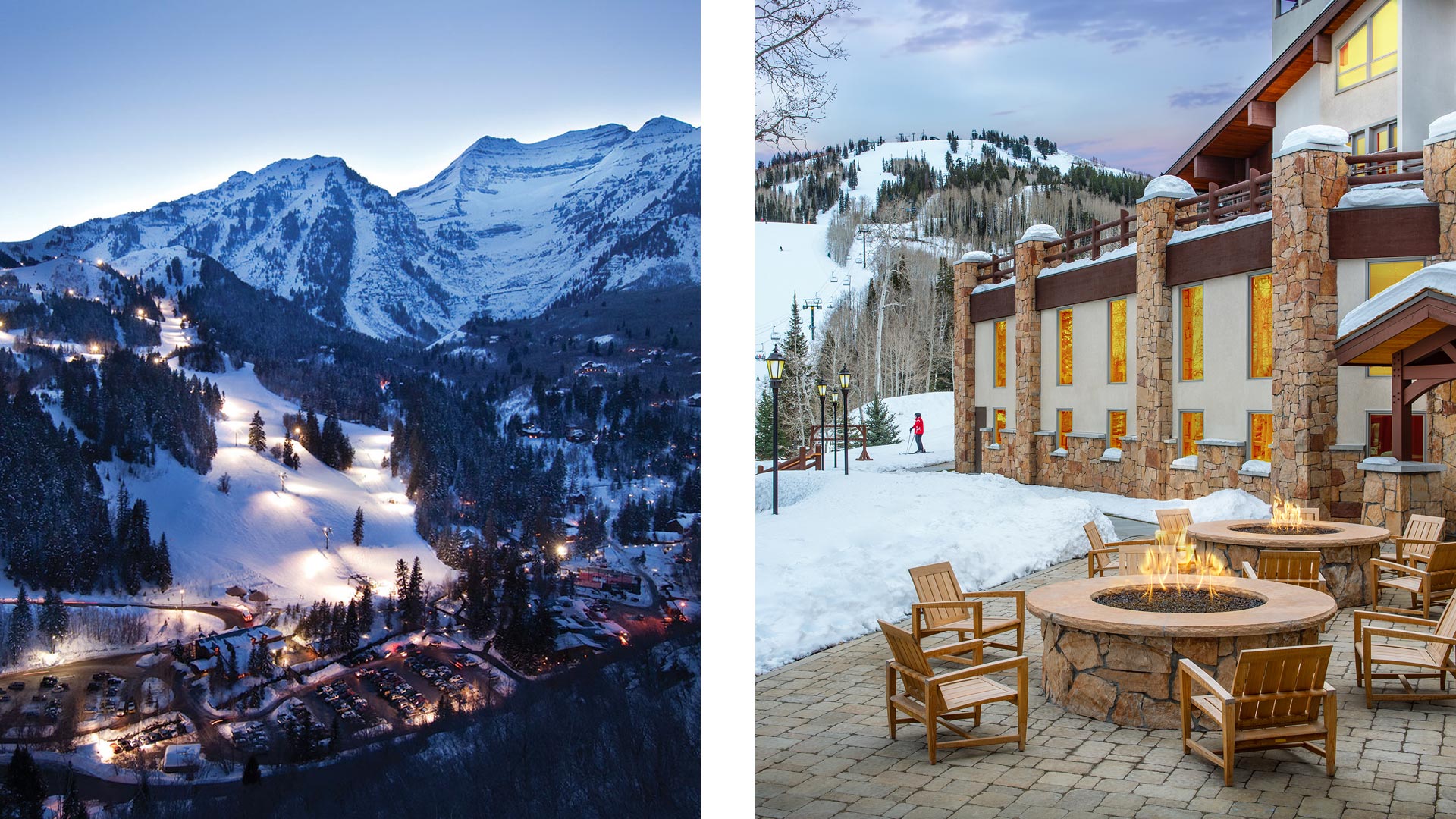 Ski slope at Sundance Resort and fire-pits at Stein Eriksen Lodge - ©Sundance Resort | ©Stein Eriksen Lodge