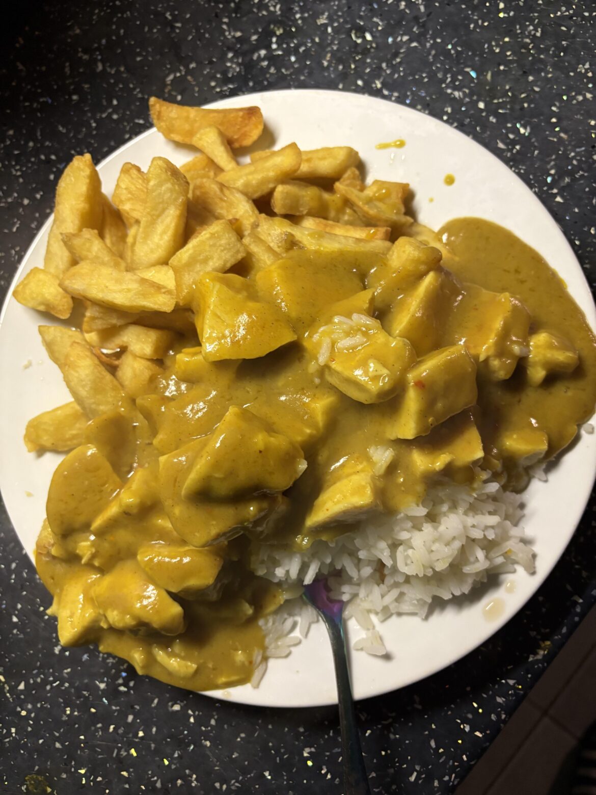 Chicken Curry, Boiled Rice & Chips.