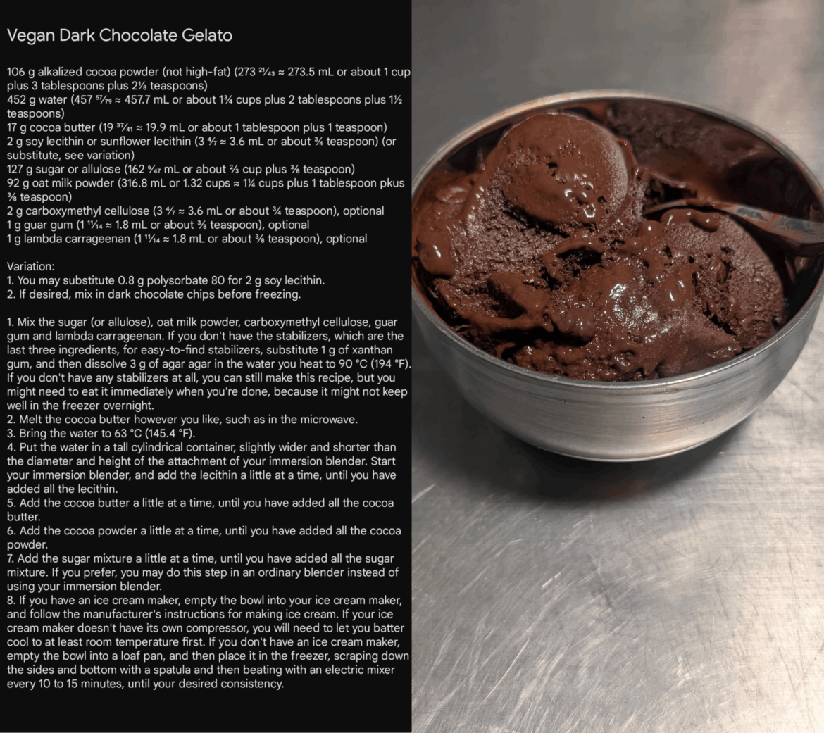 Vegan Dark Chocolate Gelato, recipe calcuated, written, tested and photographed by me