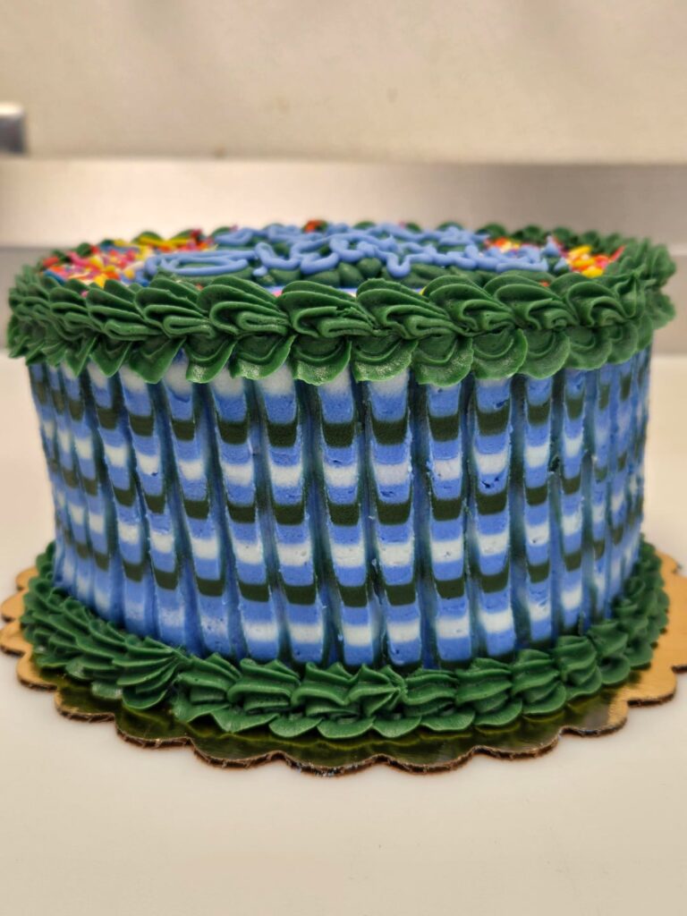 The customer requested "just make it blue and green with sprinkles"