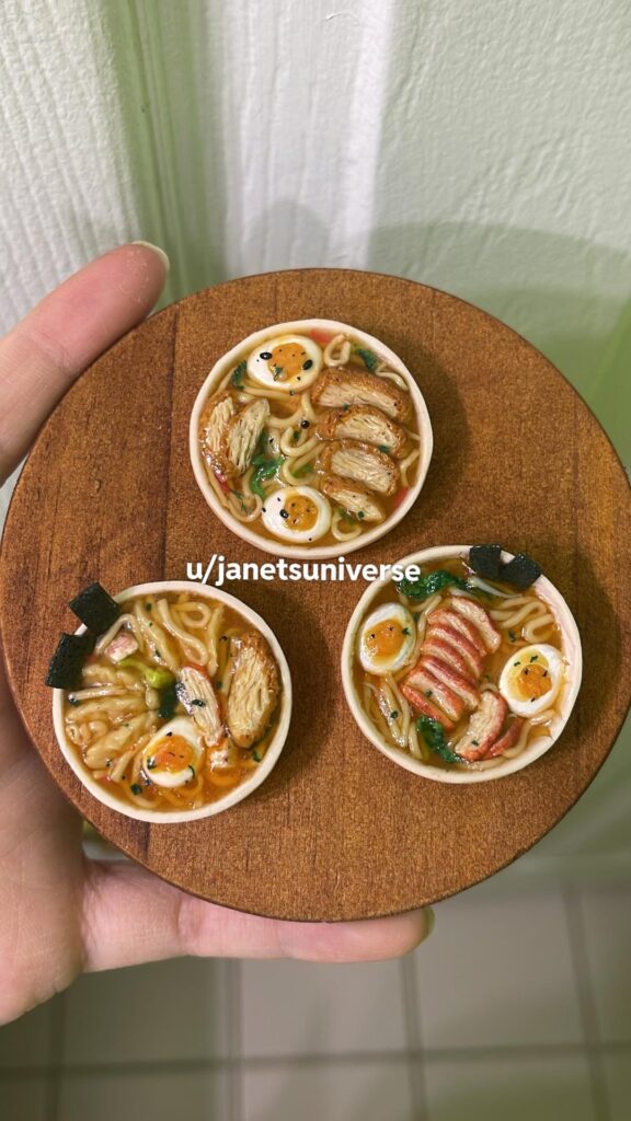 I made miniature polymer clay ramen bowls! (Chicken katsu, pork char siu, and dumplings (I overfilled smh)