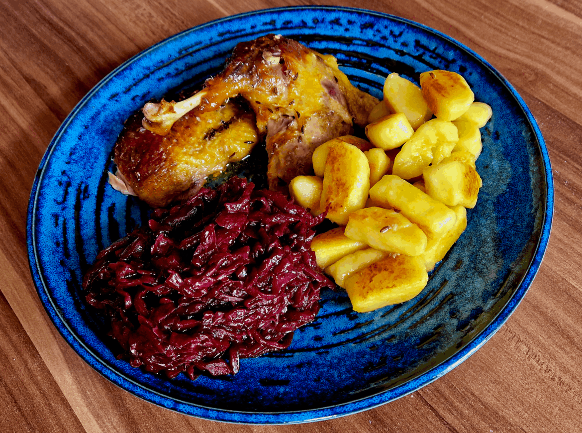 [homemade] Traditional Czech Roasted Duck with Potato Dumplings and Plum-Sweetened Red Cabbage