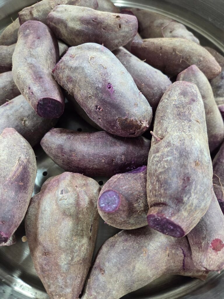 Our homemade snack: purple sweet potatoes.