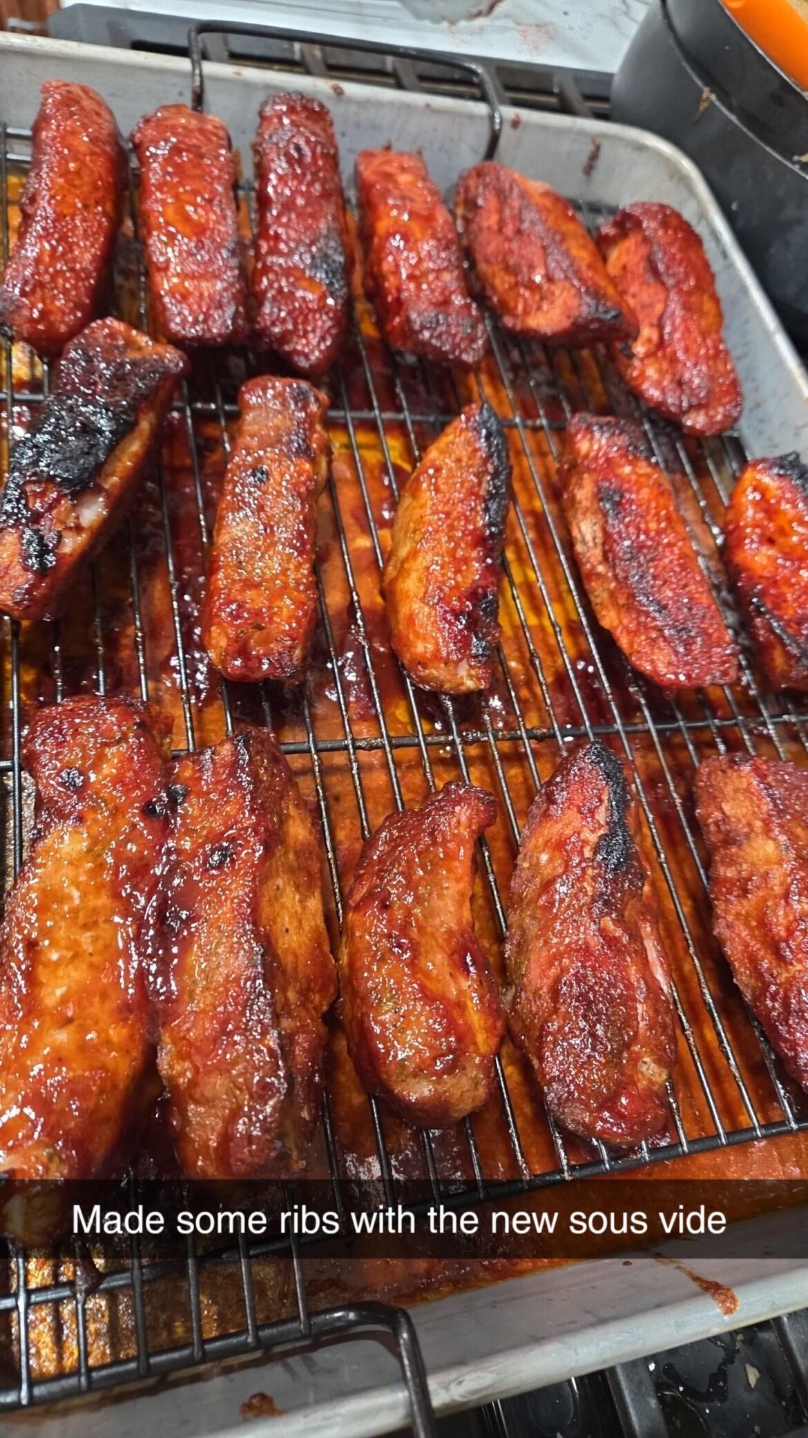 Made ribs for the first time 145F for 10 hours dry rubbed the day before and then finished on broil in the oven. Drowned in bbq sauce at 450F for 8 mins on top rack on each side