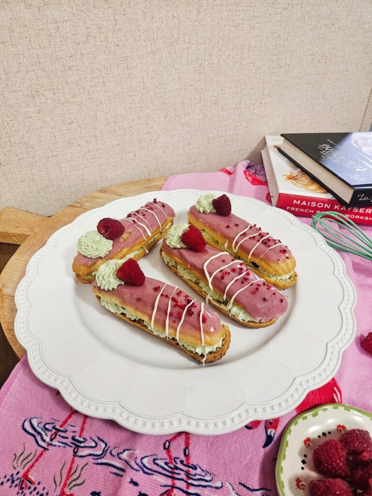 Raspberry Pistachio Eclairs