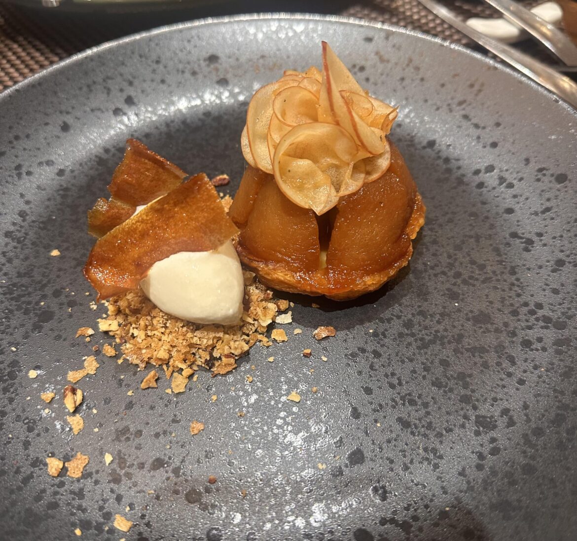 Apple Tarte Tatin, Honey Gelato, Apple skin crisps