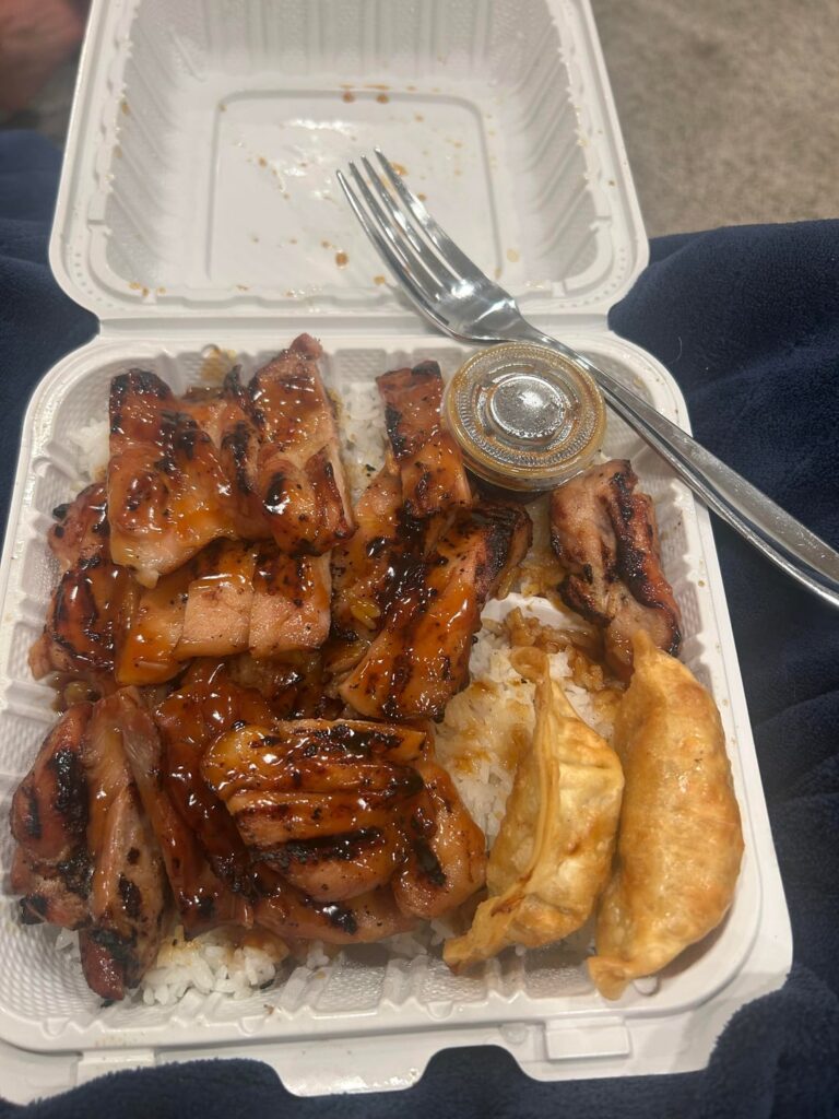 teriyaki takeout + gyoza + rice