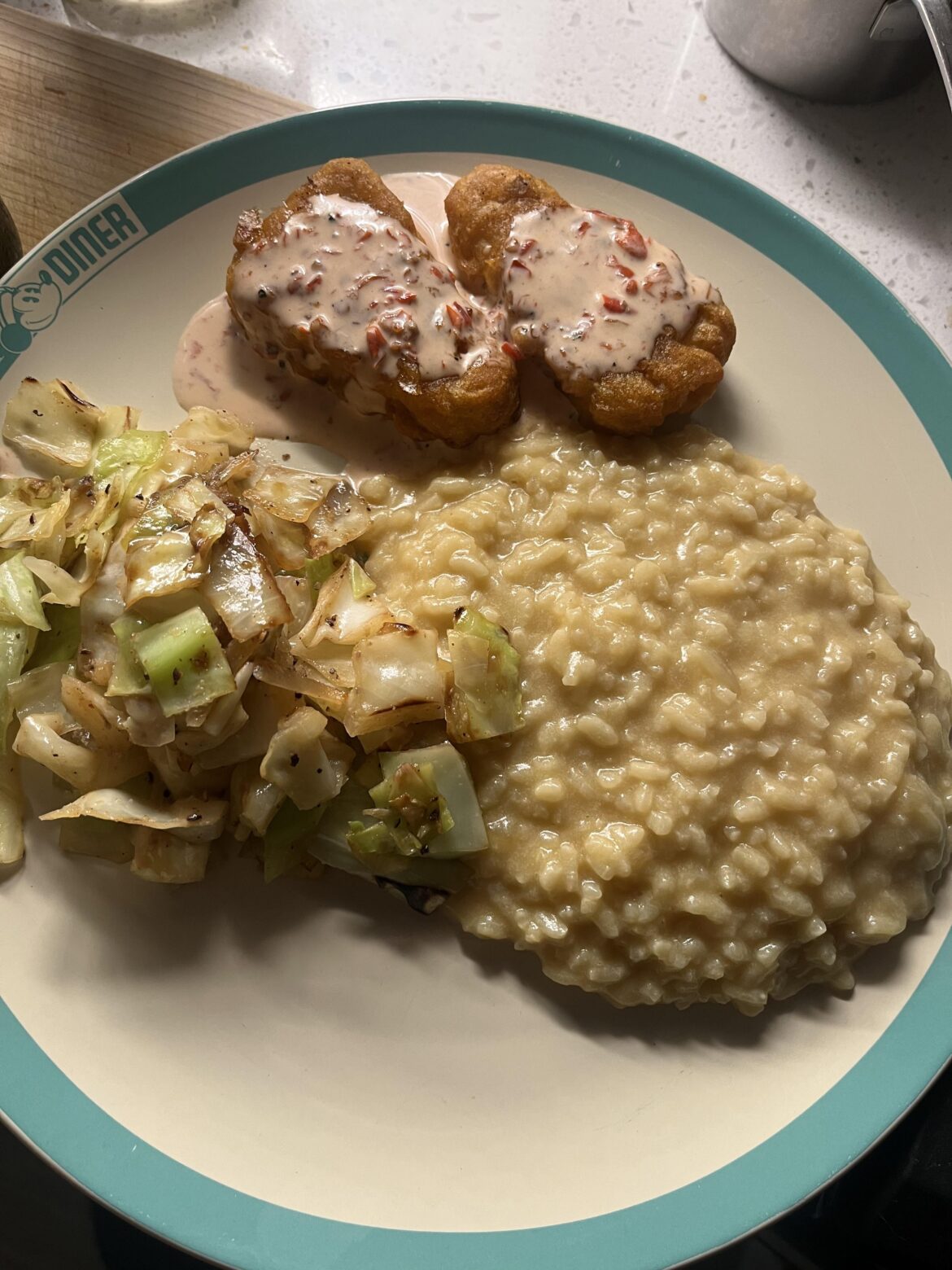 Fish with cabbage and risotto after couple glasses of Gin.