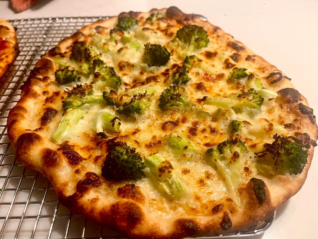 Jim Lahey's No Knead Pizza with Broccoli Rabe (subbed with regular broccoli), Garlic, Ginger, and Thai Chiles Recipe