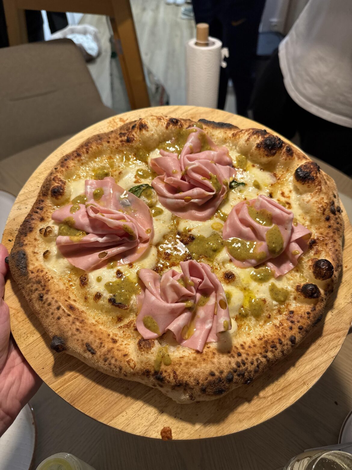White pizza with mortadella and pistachio cream