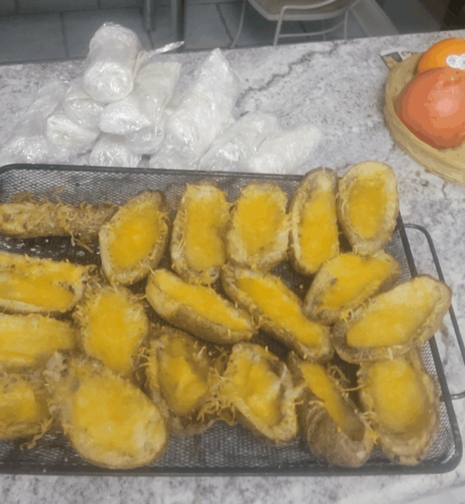 Potato skins and breakfast burritos.