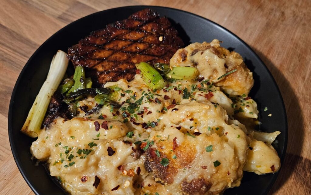Dinner Tonight.. Tofu fried in Liquid Smoke and White Wine, with Cheesy Cauliflower.