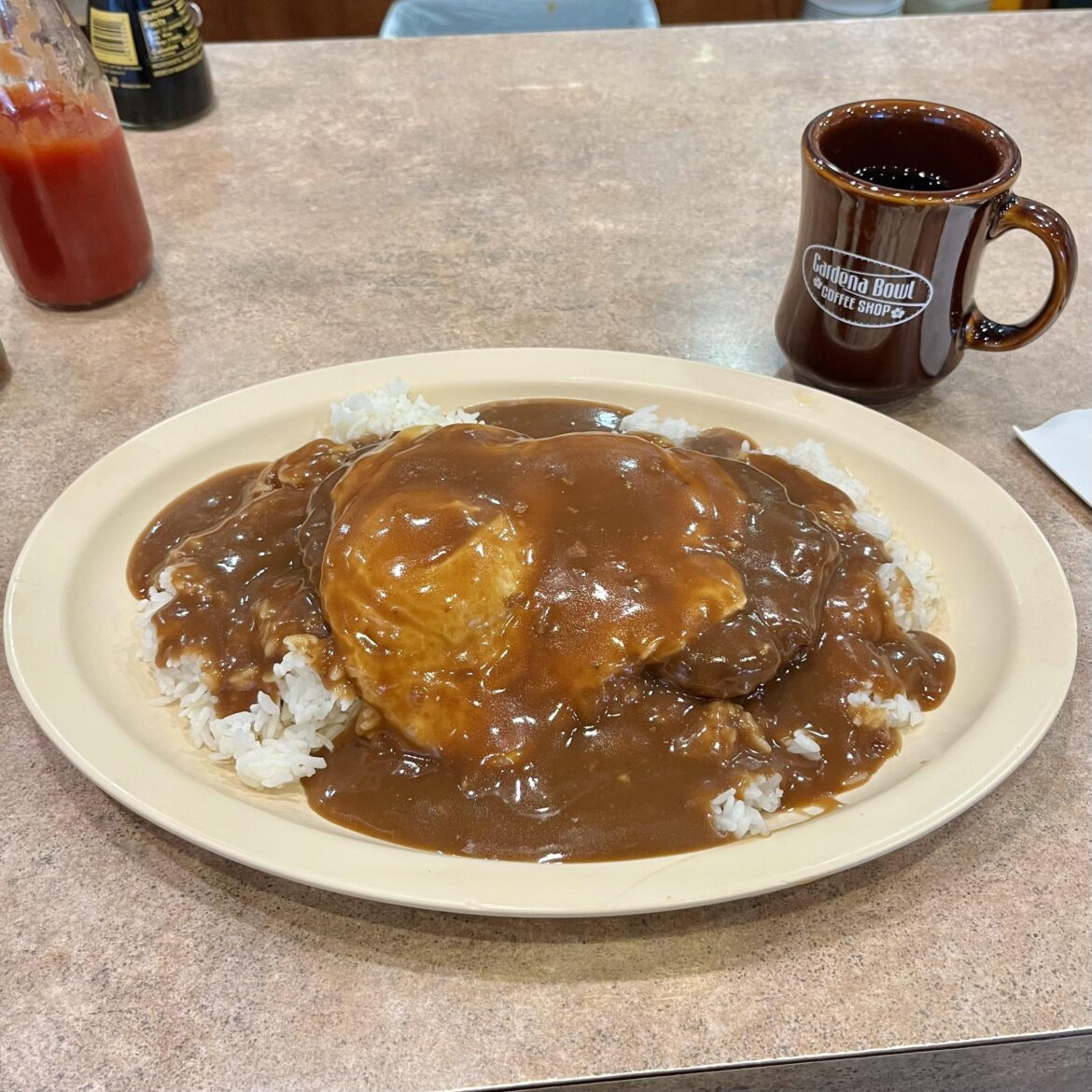 Loco Moco with Portuguese sausage from Gardena Bowl