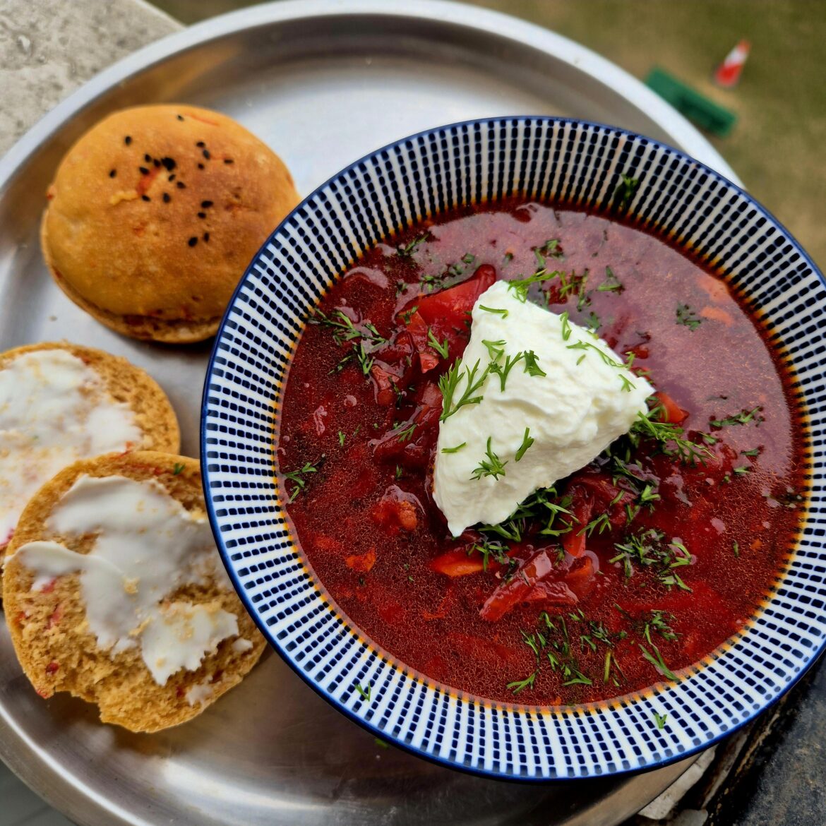 Ukrainian chicken borshch with carrot wholewheat buns