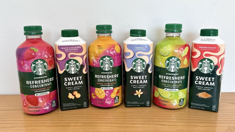 Bottles of Starbucks refreshers concentrates and sweet cream refreshers