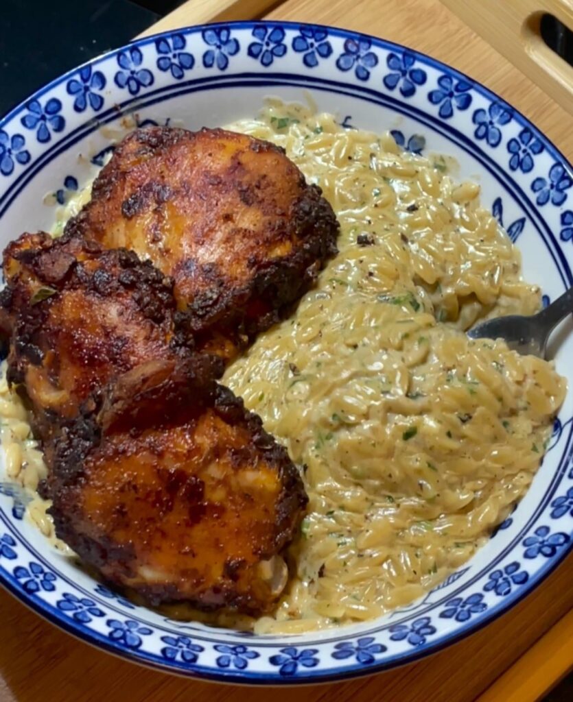 I made juicy chicken thighs with creamy orzo for dinner . My family loved it 😊 [homemade]