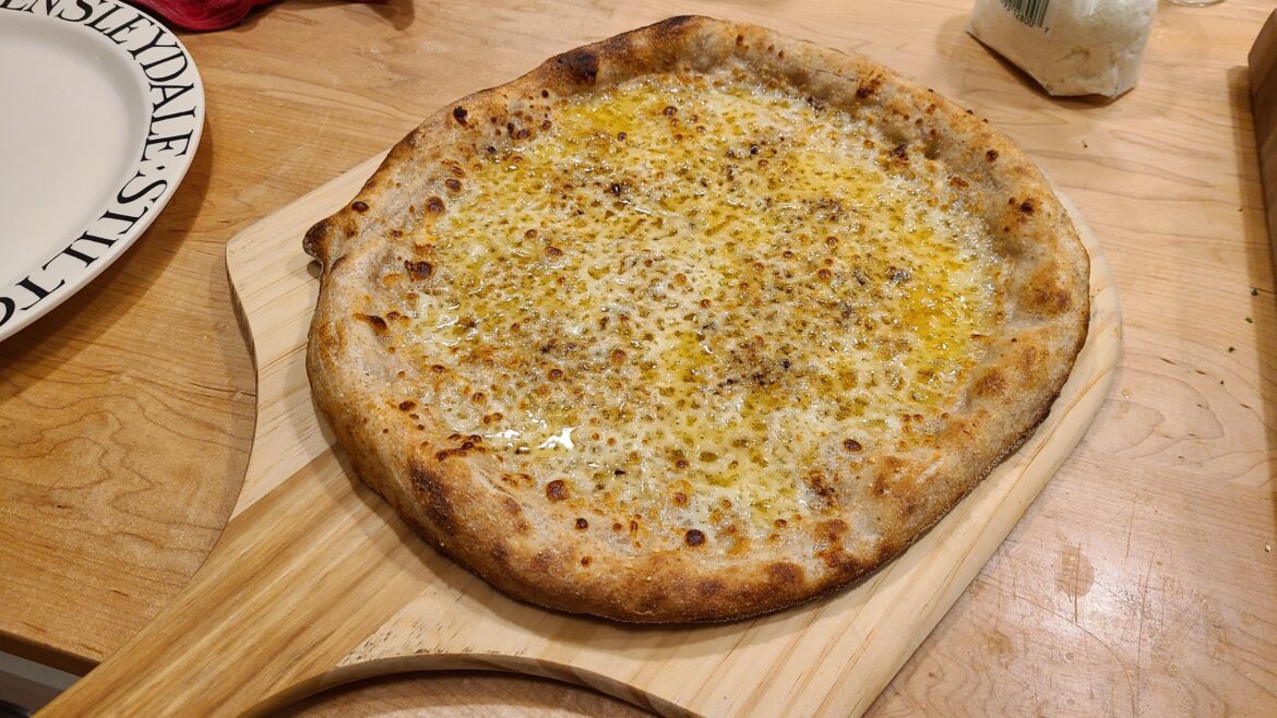 White pizza. Garlic, red pepper flakes, oregano, mozz&parm