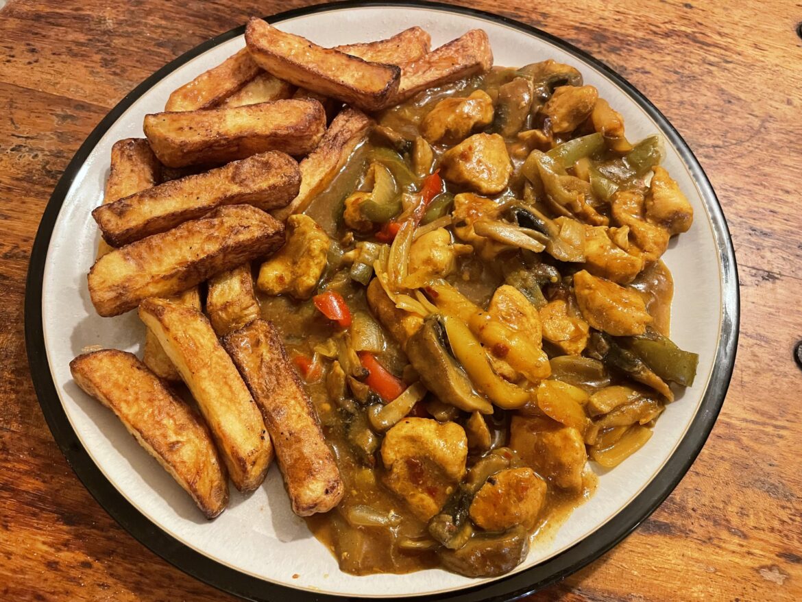 Chicken Curry with homemade air-fryer chips.