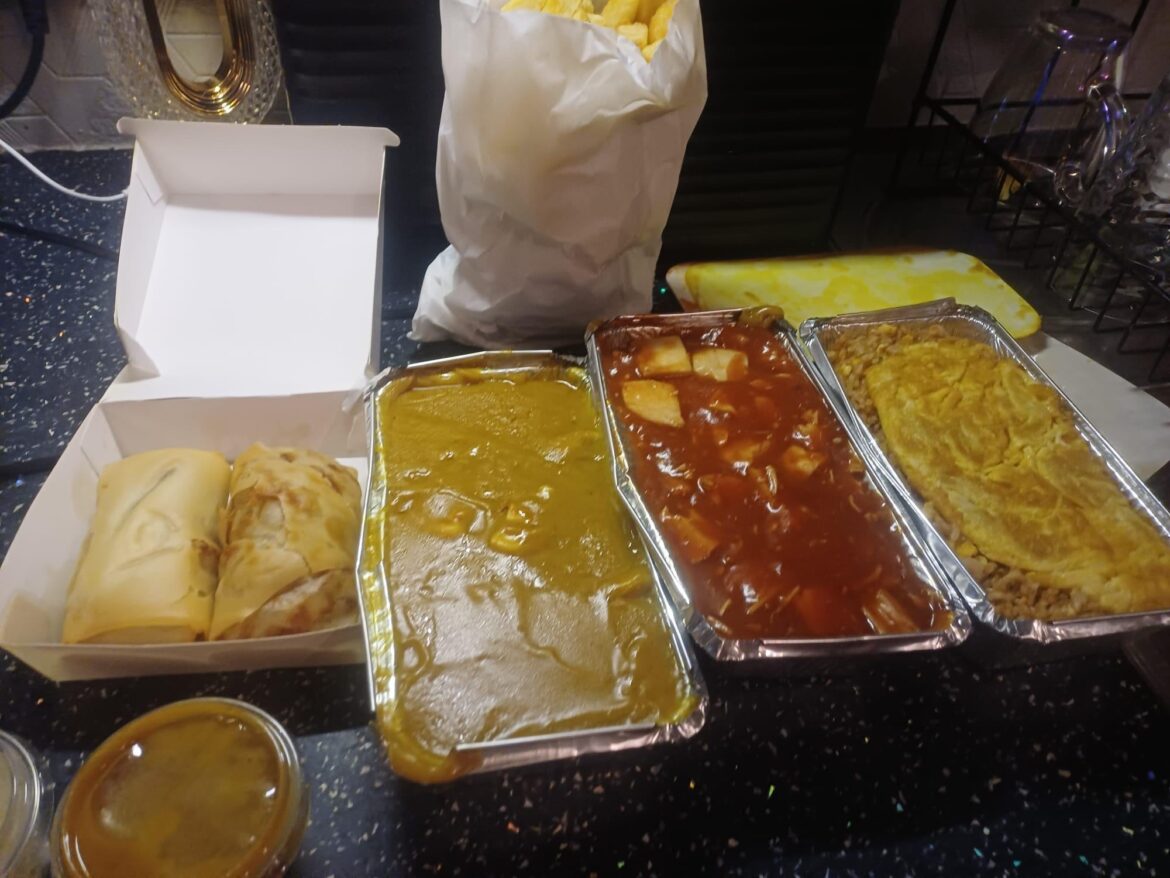 Chicken Curry, Singapore Chicken, Egg Fried Rice, Chips & Chicken Spring Rolls!