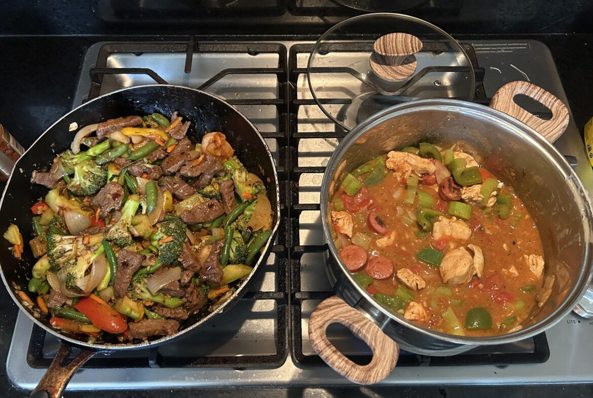 Beef stir fry & chicken gumbo