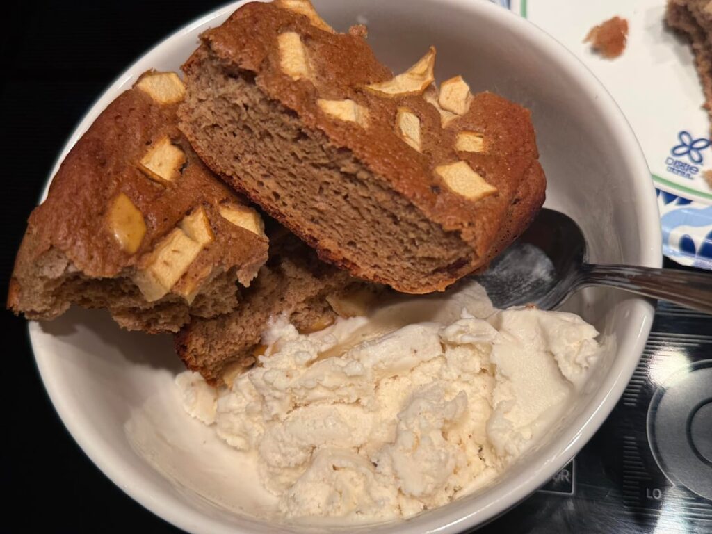 358 cals and 37.5 grams protein for the entire apple loaf