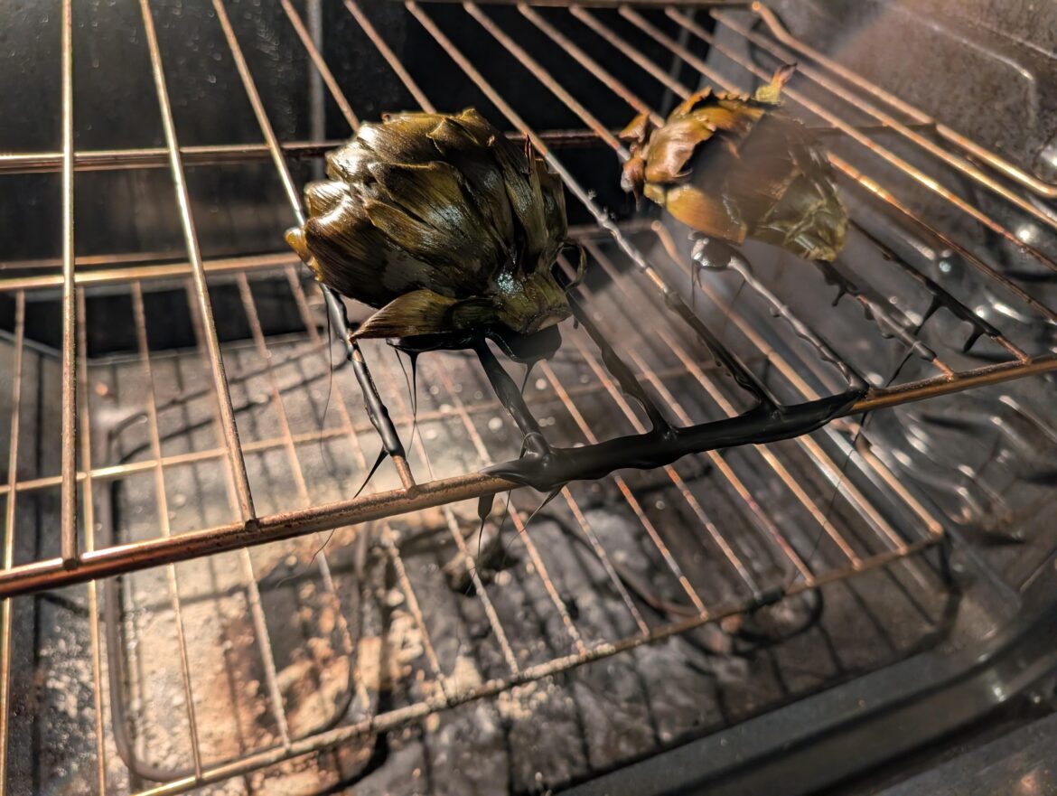 Very mad at myself. Somehow totally blanked and put these artichokes in the 450° oven in the plastic tray I was seasoning them in. Ruined dinner plans and had to evacuate while the toxic plastic smoke aired out >:'(