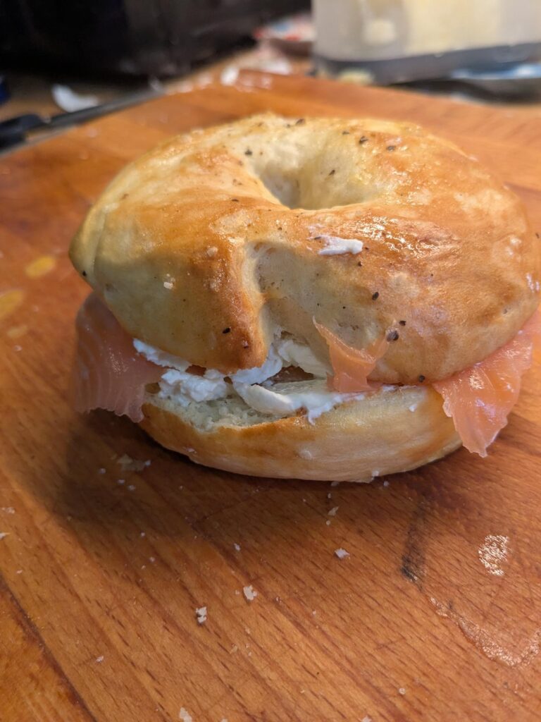 Homemade bagels, smoked salmon, cream cheese and horseradish