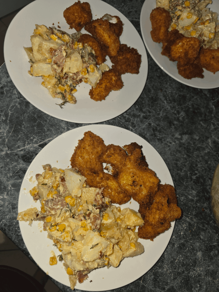 My first home made nuggies in years. Mental health and autism has been kicking my ass lately and I've been struggling to cook for my family. Proud of myself! Nuggies with Matt Preston's maple bacon and corn potato salad 🤤